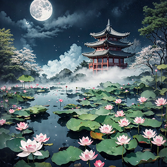 风景插画 夜景 炫酷 唯美 清晰 月亮  荷花 建筑 荷塘
