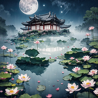风景插画 夜景 炫酷 唯美 清晰 月亮  荷花 建筑 荷塘月色 景物